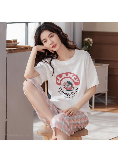 Oversize Casual Loose Cotton Short Sleeve Five-point Pants Sports Style Ladies Pajamas Suit For Summer