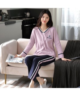 New Cotton Long-sleeved V-neck Casual Cute Ladies Pajamas Suit
