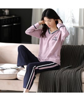 New Cotton Long-sleeved V-neck Casual Cute Ladies Pajamas Suit