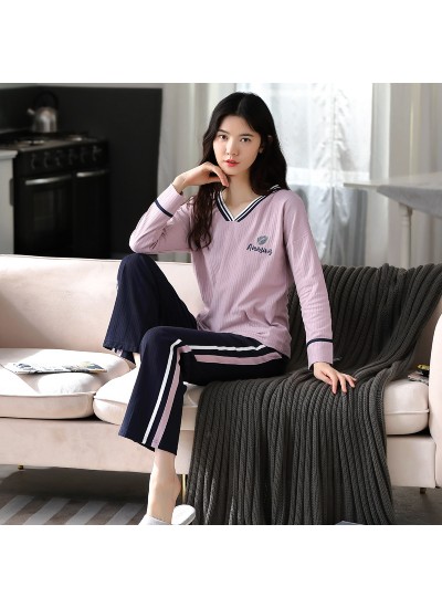New Cotton Long-sleeved V-neck Casual Cute Ladies Pajamas Suit