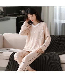 Pure Cotton Cute Long-sleeved Casual V-neck Ladies Pajamas Suit