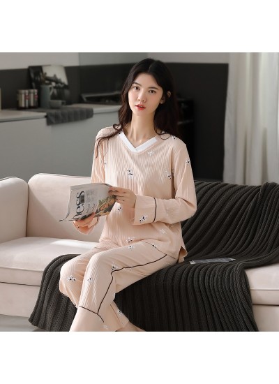 Pure Cotton Cute Long-sleeved Casual V-neck Ladies Pajamas Suit