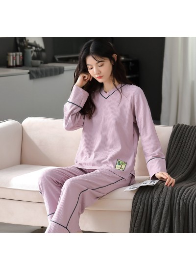 New Style Cotton Long-sleeved Leisure V-neck Ladies Pajamas Suit