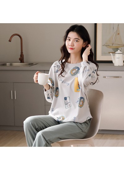 Cotton Long-sleeved Loose Check Trousers Ccan Be Worn Outside Ladies Pajamas Set