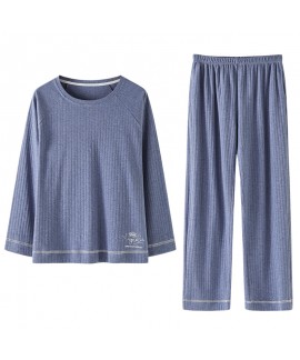 Pure Cotton Blue Long Sleeve Trousers Loose Ladies Pajamas Set Fall Winter