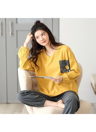 Cotton Warm Yellow Spot Ladies Pajamas For Winter