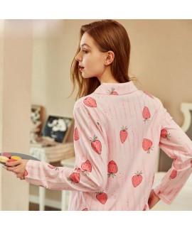 New Long Sleeved pink Ladies pajama sets with strawberry print comfy pj set for women