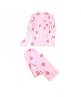 New Long Sleeved pink Ladies pajama sets with strawberry print comfy pj set for women