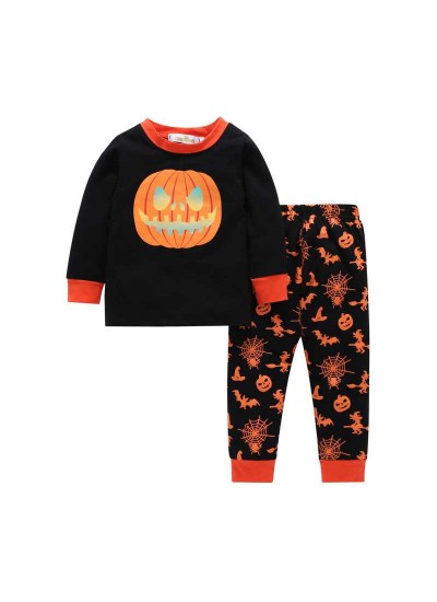 Halloween autumn pumpkin head two-piece pajamas set for boys and girls aged 2-7