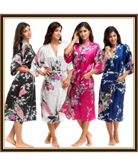 Long bridesmaid pj sets for women peacock printed pajama and robe sets