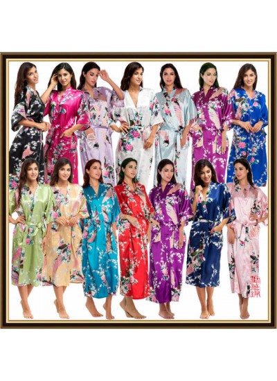 Long bridesmaid pj sets for women peacock printed pajama and robe sets