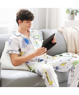 Knitted cotton short sleeved cardigan cartoon pajamas men's cotton Lapel Pajama sets