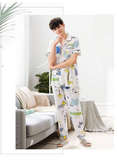 Knitted cotton short sleeved cardigan cartoon pajamas men's cotton Lapel Pajama sets