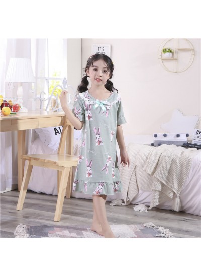 New children's cotton lapel short-sleeved rabbit print summer nightdress Wholesale and Retail