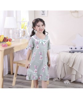 New children's cotton lapel short-sleeved rabbit print summer nightdress Wholesale and Retail