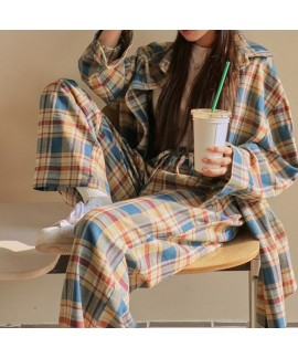 Rihanna Autumn cotton brushed simple plaid long-sl...