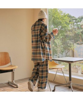 Rihanna Autumn cotton brushed simple plaid long-sleeved women's pajamas