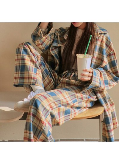 Rihanna Autumn cotton brushed simple plaid long-sleeved women's pajamas