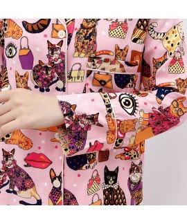 Fashion Autumn Cotton Personality Cartoon Cat Print Two-piece Loose Ladies Pajamas