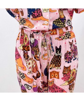 Fashion Autumn Cotton Personality Cartoon Cat Print Two-piece Loose Ladies Pajamas