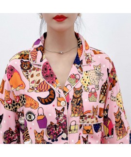 Fashion Autumn Cotton Personality Cartoon Cat Print Two-piece Loose Ladies Pajamas