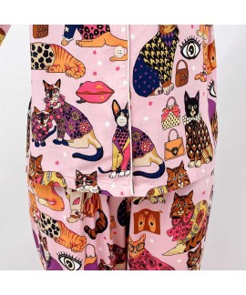 Fashion Autumn Cotton Personality Cartoon Cat Print Two-piece Loose Ladies Pajamas