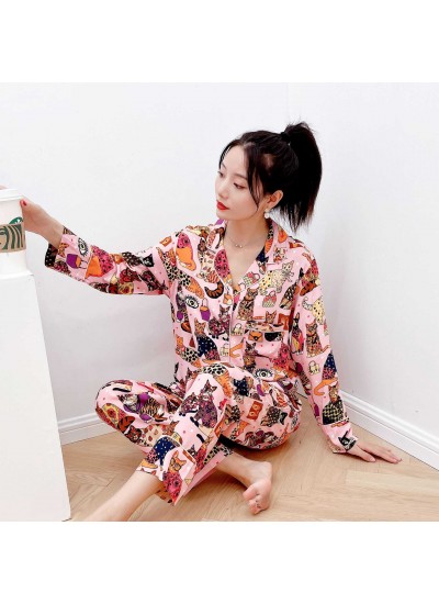 Fashion Autumn Cotton Personality Cartoon Cat Print Two-piece Loose Ladies Pajamas