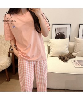 Plaid ice porcelain cotton short-sleeved T-shirt can be worn outside women's pajamas