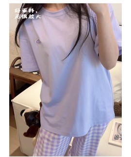 Plaid ice porcelain cotton short-sleeved T-shirt can be worn outside women's pajamas