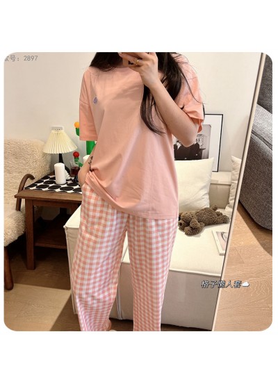 Plaid ice porcelain cotton short-sleeved T-shirt can be worn outside women's pajamas