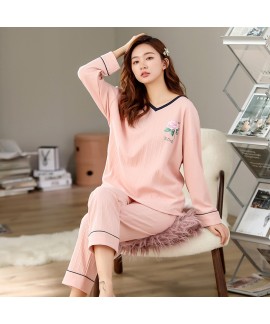 Long Sleeve Spring and Autumn Style Pink Rose Pattern Women's Homewear Suit