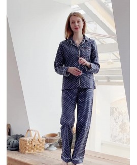 Cotton Blend Polka Dot Printed Woven Lapel Long Sleeved Womens Sleepwear