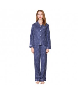 Cotton Blend Polka Dot Printed Woven Lapel Long Sleeved Womens Sleepwear