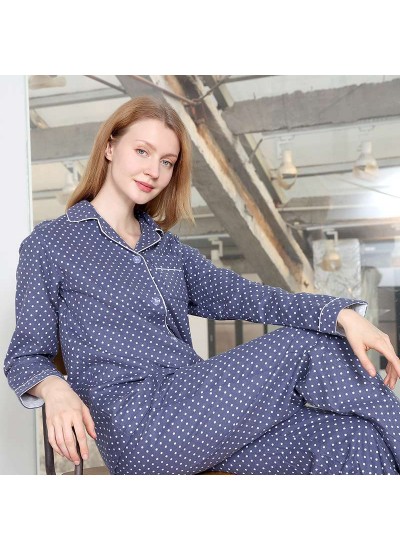 Cotton Blend Polka Dot Printed Woven Lapel Long Sleeved Womens Sleepwear