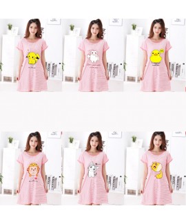 Short sleeve printed ladies pajamas and nightgown for summer Round neck sleepwear for women