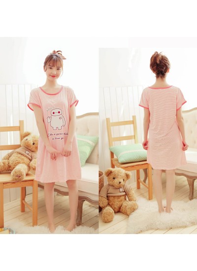 Short sleeve printed ladies pajamas and nightgown for summer Round neck sleepwear for women