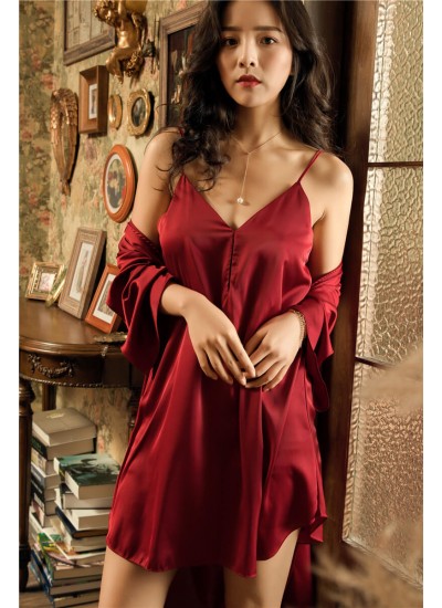Two-piece Sexy Pyjamas Set comfy Ice Silk Nightgown for spring and autumn