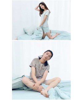 Colorless spinning long sleeve cotton geranium knitted striped couple pjs