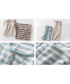 Colorless spinning long sleeve cotton geranium knitted striped couple pjs