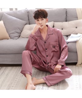 Large size thin section simulation silk long sleeve silk home service couple pajamas set