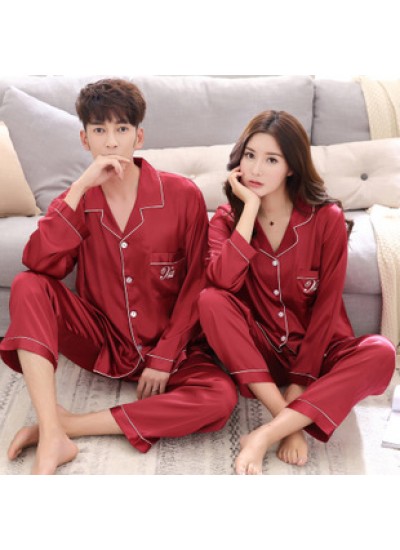 Large size thin section simulation silk long sleeve silk home service couple pajamas set