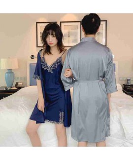 Simulation silk sexy suspenders night skirt Two-piece Female And Male Couple Nightgown