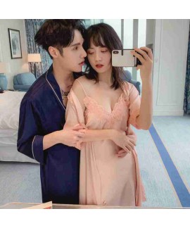 Simulation silk sexy suspenders night skirt Two-piece Female And Male Couple Nightgown