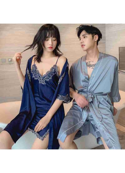 Simulation silk sexy suspenders night skirt Two-piece Female And Male Couple Nightgown