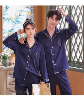 Love Heart New Simulation Silk Long Sleeve Couple Pajamas Sets