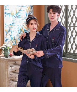 Love Heart New Simulation Silk Long Sleeve Couple Pajamas Sets