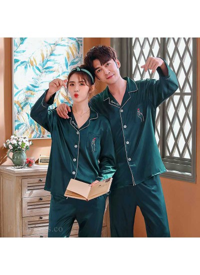 Love Heart New Simulation Silk Long Sleeve Couple Pajamas Sets