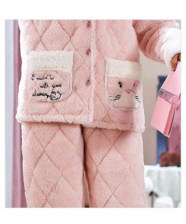 Korean version three-layer thick quilted coral flannel plus velvet warm Couple Pajamas