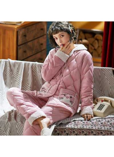Korean version three-layer thick quilted coral flannel plus velvet warm Couple Pajamas