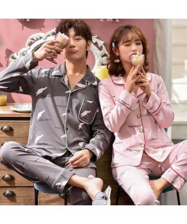 Couple pajamas cotton long-sleeved Korean cardigan...